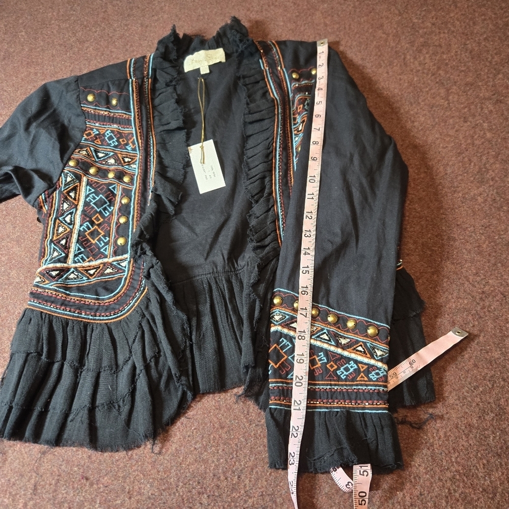 Love Sam Black Embroidered Ruffled Jacket with Blue and Orange Accents - Picture 10 of 12
